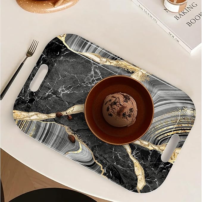 Serving Trays with Handles, 14.5 x 9.8 inch Rectangular Plastic Tray for Restaurant, Kitchen, Abstract Background Black Marble-CasaMuseHome