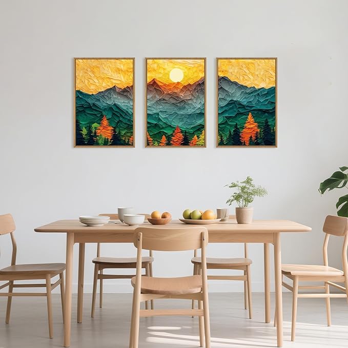 Abstract Mountain Framed Canvas Wall Art Set, Forest Pine Tree Golden Sunset Wall Decor, Mixed Patchwork Landscape Art Print for Living Room, Bedroom, Dining Room, Office - 16"x24"x3-CasaMuseHome