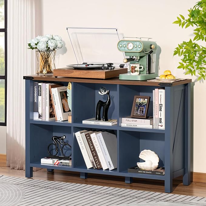 6 Cube Bookcase, Farmhouse Wood Low Storage Organizer Book Shelf, 47" Horizontal Navy Blue Console Bookshelf with Legs, Hallway Book Case for Entryway, Display Cabinet for Living Room, Office-CasaMuseHome