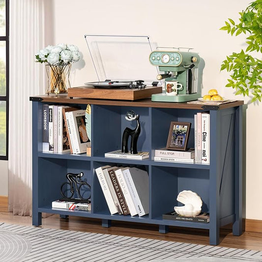 6 Cube Bookcase, Farmhouse Wood Low Storage Organizer Book Shelf, 47" Horizontal Navy Blue Console Bookshelf with Legs, Hallway Book Case for Entryway, Display Cabinet for Living Room, Office-CasaMuseHome