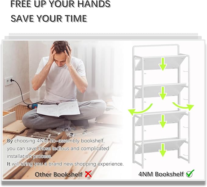 4NM No Assembly Foldable Bookshelf, 4-Shelf Collapsible Bookcase Storage for Small Spaces, 54" H, All White-CasaMuseHome