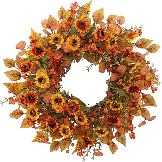 22 inch Artificial Fall Wreaths for Front Door,Autumn Wreath with Eucalyptus Leaves and Chrysanthemum Suitable for Indoor Outdoor Harvest Festival Thanksgiving Day Farmhouse Holiday Decor.-CasaMuseHome