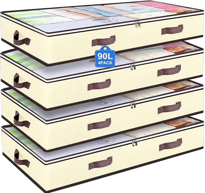 90L Under Bed Storage Containers, Closet Organizers and Storage Bins, Foldable Underbed Storage Bags for Blankets, Towels, Comforter, Sweaters, Pillows, Linen Sheets, Wrapping Paper, 4 Pack Beige-CasaMuseHome
