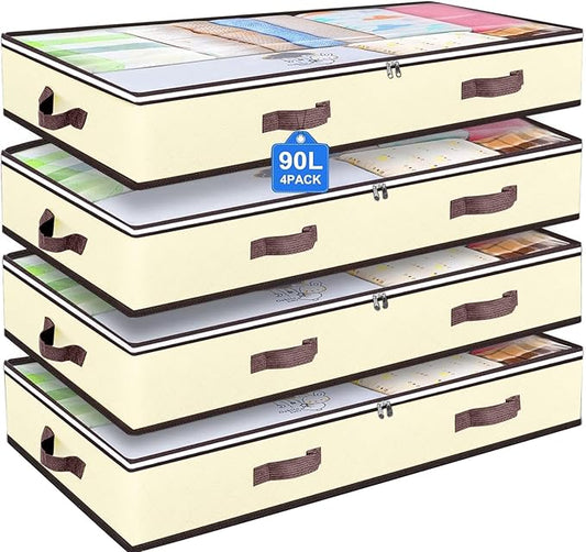 90L Under Bed Storage Containers, Closet Organizers and Storage Bins, Foldable Underbed Storage Bags for Blankets, Towels, Comforter, Sweaters, Pillows, Linen Sheets, Wrapping Paper, 4 Pack Beige-CasaMuseHome