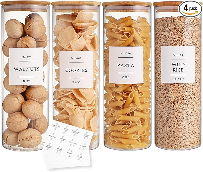 4 Pack Glass Jar with Airtight Wood Lid and White 132 Kichen Pantry Labels Preprinted - 38 Oz Clear Round Glass Food Storage Containers set For Cereal Rice Sugar-CasaMuseHome