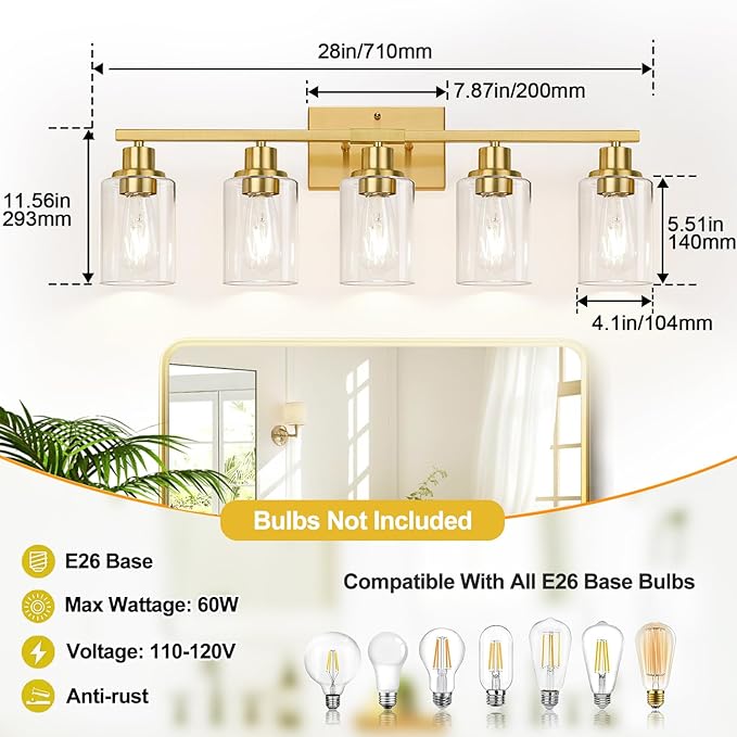 5-Light Bathroom Vanity Light with Clear Glass Shades, Brushed Gold Bathroom Light Fixtures Over Mirror, Modern Vanity Light for Mirror Living Room Cabinet Bedroom Porch-CasaMuseHome