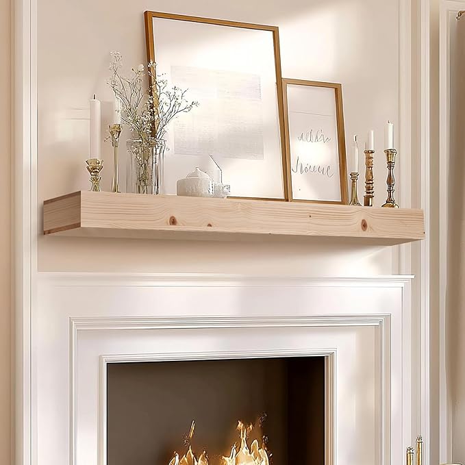 60x8x3 Fireplace Mantel - Handcrafted Hollow Rustic Solid Wood Wall Mounted Floating Shelf - DIY Color - with Invisible Heavy Duty Wood Bracket-CasaMuseHome