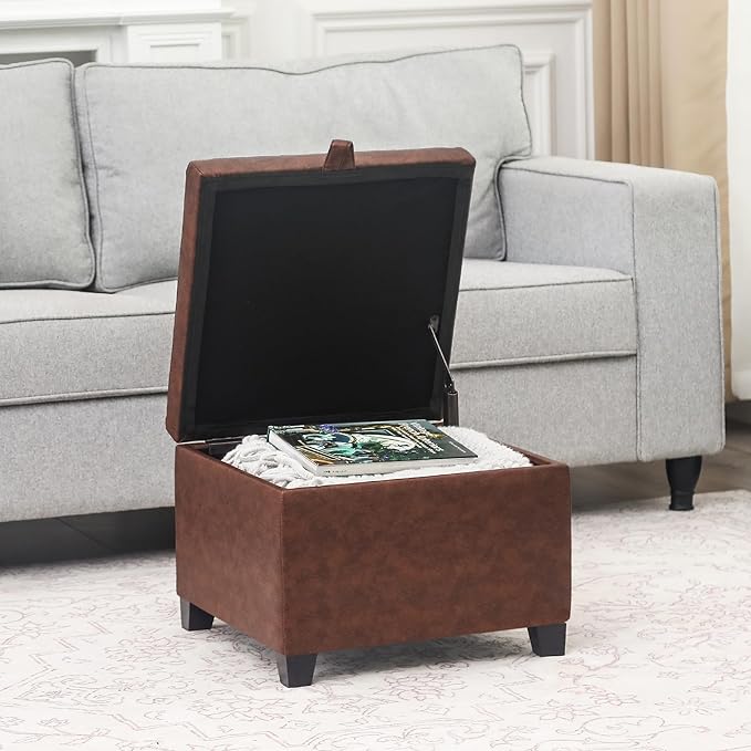 Adeco Faux Leather Storage Ottoman Bench with Wood Legs, 17.7" Square Red and Brown PU Cube Foot Stool, Upholstered Button Tufted Vanity Chair with Hinged Lid for Living Room, Bedroom, Dorm-CasaMuseHome