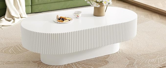 43.3" Oval Fluted Coffee Table Modern Elegant Drum End Table, Minimalist Center Table 7.8" Thick Tabletop with Sturdy Base for Living Room, Bedroom, Apartment,Easy Assembly, White-CasaMuseHome