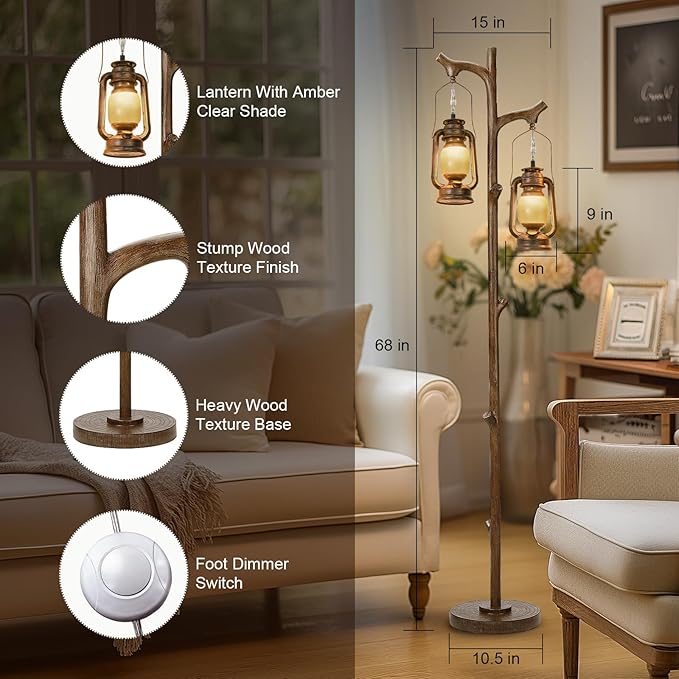 68" Rustic Farmhouse Tree Trunk Floor Lamp Country Brown Finish Wood Vintage Standing Tall Lamp with Lantern Stepless Dimmable Industrial Floor Lamp Decor for Bedroom Living Room Office Hotel-CasaMuseHome