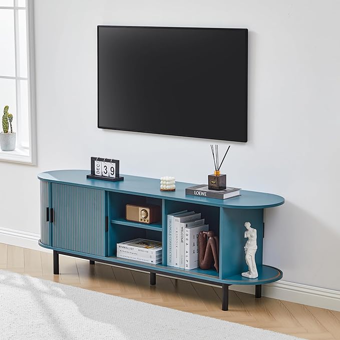 62" Tambour Door TV Stand,Wood Mid Century Modern TV Cabinet for Up to 75“ TV,Curved Edge Long TV Stand with Storage for Bedroom Living Room(62.2inch,Blue)-CasaMuseHome