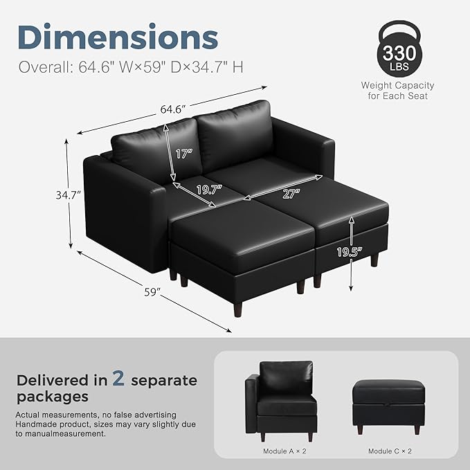 ABCASA 64.6" Faux Leather Loveseat Sleeper Sofa Bed with Storage Seat, Modern Modular Sectional Couch Deep Seat with Reversible Chaise 2-Seat Black for Apartment, Living Room, Bedroom-CasaMuseHome