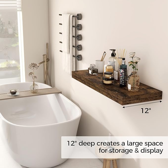 30 Inch Floating Shelves, 12 Inch Deep Floating Shelf for Wall, Rustic Deep Shelves for Books, Bathroom, Living Room, Kitchen, 30 x 12 x 2 Wood Floating Shelves, Rustic Brown Color, Set of 2-CasaMuseHome