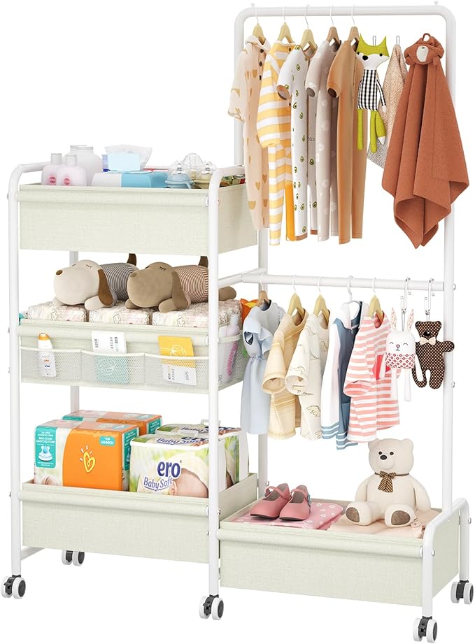 2in1 Baby Diaper Caddy & Clothes Organizer and Storage Rolling Cart, Large Capacity Nursery Organization For Baby Dresser,Changing Table, Crib, With 2 Dividers & 7 Pockets,White-CasaMuseHome
