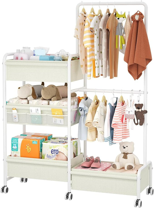 2in1 Baby Diaper Caddy & Clothes Organizer and Storage Rolling Cart, Large Capacity Nursery Organization For Baby Dresser,Changing Table, Crib, With 2 Dividers & 7 Pockets,White-CasaMuseHome