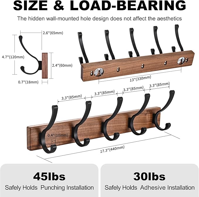 2 Pack 17.3" Small Wooden Coat Rack Wall Mounted with 5 Hooks, Entryway Wall Hooks Coat Hanger for Hanging Towel Clothes Hat Backpack Shoe Purse Key Holder Multi Hook Rail by Black Walnut Wood-CasaMuseHome