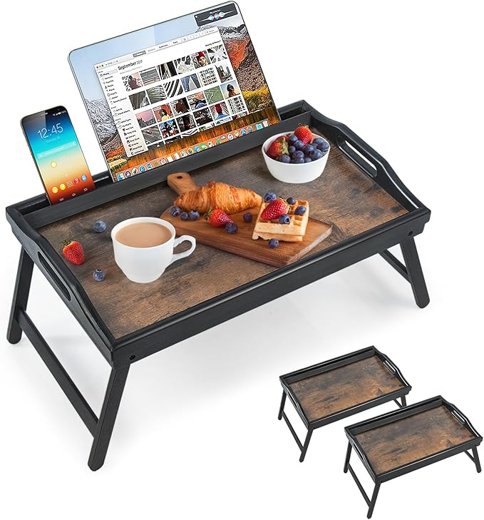 2 Pack Bed Tray Table Breakfast Trays Serving Tray Bamboo Bed Laptap Floding Legs with Handles and Phone Holders-CasaMuseHome