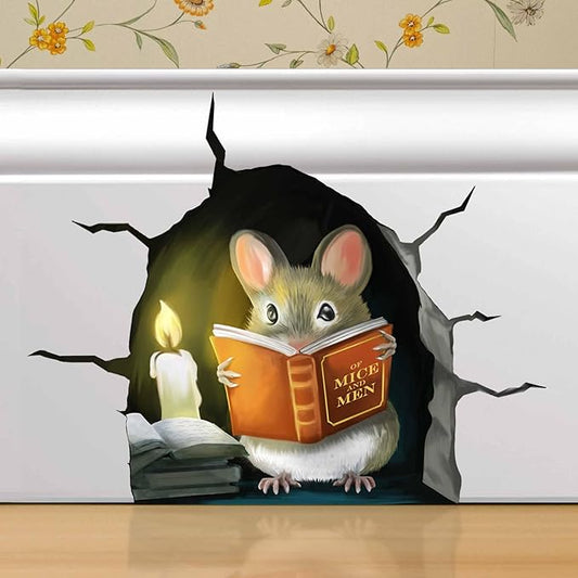 3D Mouse Reading Book in Mouse Hole, Decal Sticker, Removable Wall Decor, Book Lover Gift Idea, Baseboard, Wall Sticker Decal, Kids Room, Classroom, Library-CasaMuseHome