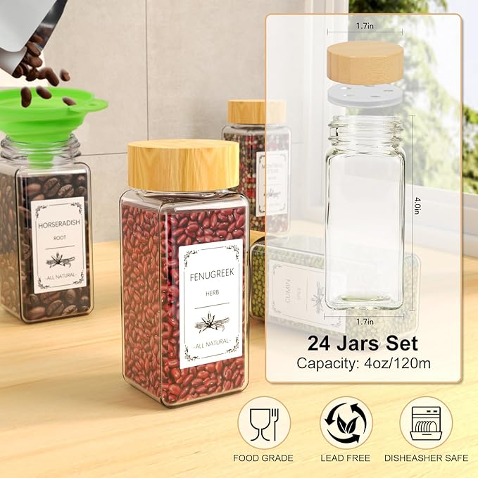 24 Spice Jars with Spice Drawer Organizer, 355 Spice Labels, 4 Pack Expandable From 11'' to 21'' Acrylic Spice Rack for Drawer, Seasoning Containers Storage Organization for Kitchen Cabinet Countertop-CasaMuseHome