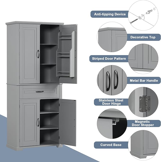 72.2" Tall Storage Cabinet with 4 Doors and Drawer, Freestanding Linen Cabinet, Wooden Pantry with Adjustable Shelf for Kitchen, Bathroom, Living Room, Grey-CasaMuseHome
