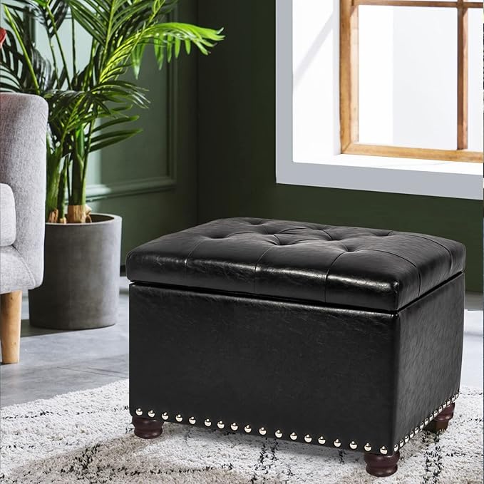 24'' Leather Storage Ottoman Rectangular Foot Rest Stool with Nailhead Trim Toy Chests & Storage Room Organizer for Bedroom Living Room(Black)-CasaMuseHome