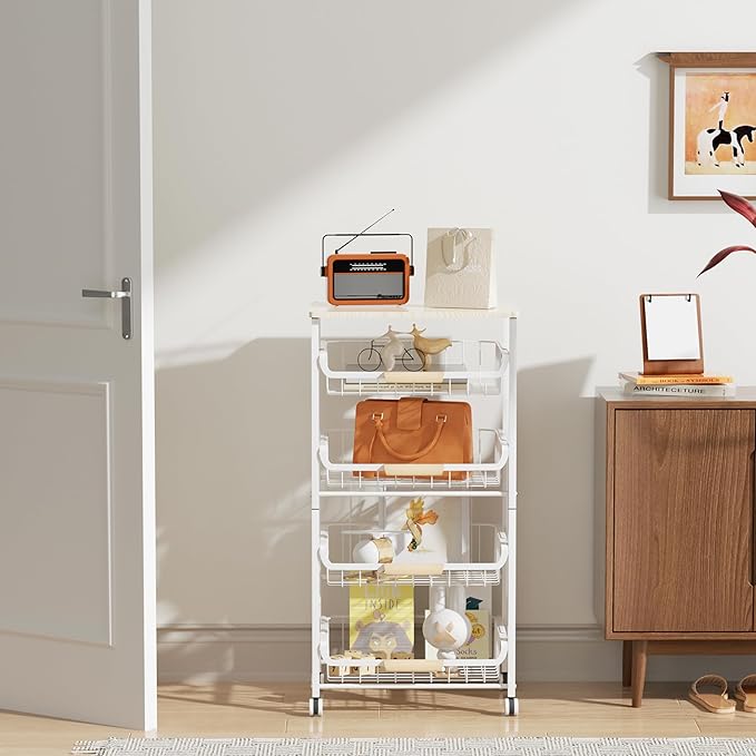 5-Layer Fruit Basket Kitchen Food Storage Organizer and Storage Rack, Stackable Storage cart with Desktop, Pull-Out Hollow Metal Storage Basket, Wheeled Sorting Rack Spice Rack-CasaMuseHome