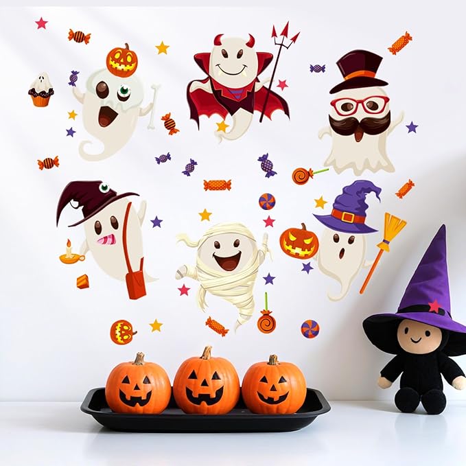 6 Sheet Halloween Stickers Clings Cute Ghost Decals Decor for Kids, Vintage Ghost Evil Pumpkin Reusable Window Stickers for Halloween Party Supplies Home Glass Decorations-CasaMuseHome