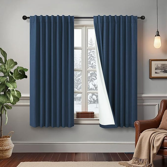 54 Inch Length Curtains for Bedroom Men Room Decor Darkening Back Tab Pleated Blackout Linen Insulated Curtain for Living Room Bathroom Wide Dark Navy Midnight Blue Drapes for Teen Boy 54 Long 2 Panel-CasaMuseHome