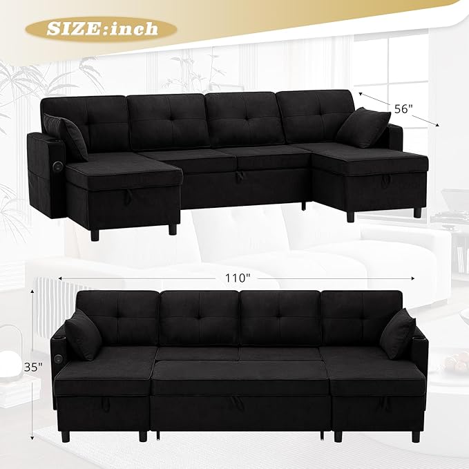 110 Inches Chenille Sectional Sofa w/Pull Out Sofa Bed & Adjustable Back, Tufted U Shaped Couch w/Two Storage Chaises, Sleeper Sectional Sofa w/USB Port & Cup Holders for Living Room, Black-CasaMuseHome