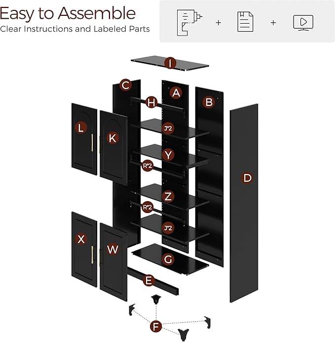 75" Tall Kitchen Pantry Storage Cabinet, Metal Storage Cabinets with 4 Doors and Adjustable Shelves, Black Kitchen Hutch Cabinet with Microwave Stand, Large Cupboard for Dining Living Room-CasaMuseHome