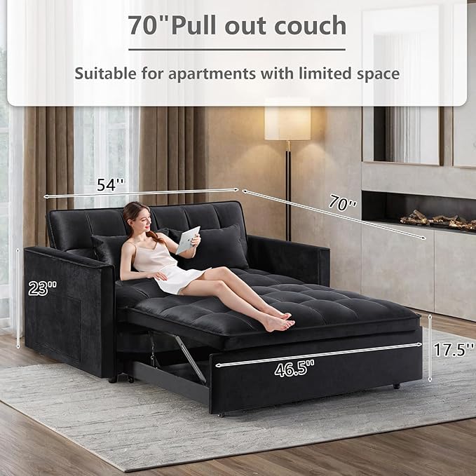 3 in 1 Convertible Sleeper Sofa Bed,Futon Loveseat Couch with Pull-Out Bed & Adjustable Backrest,Velvet Fabric Sofa with Side Pocket for Small Apartment, Living Room, Office (Black)-CasaMuseHome