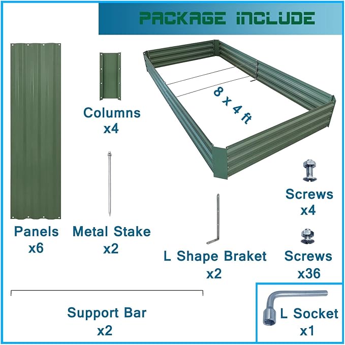 8x4x1ft Metal Raised Garden Bed Kit，Galvanized Garden Bed Box for Vegetables, Flowers, Herbs, and Succulents,240 Gallon Capacity - Green-CasaMuseHome