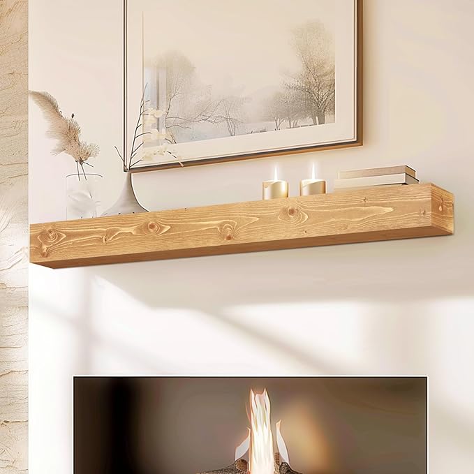 56x8x5 Fireplace Mantel - Handcrafted Rustic Solid Wood Wall Mounted Floating Shelf-CasaMuseHome