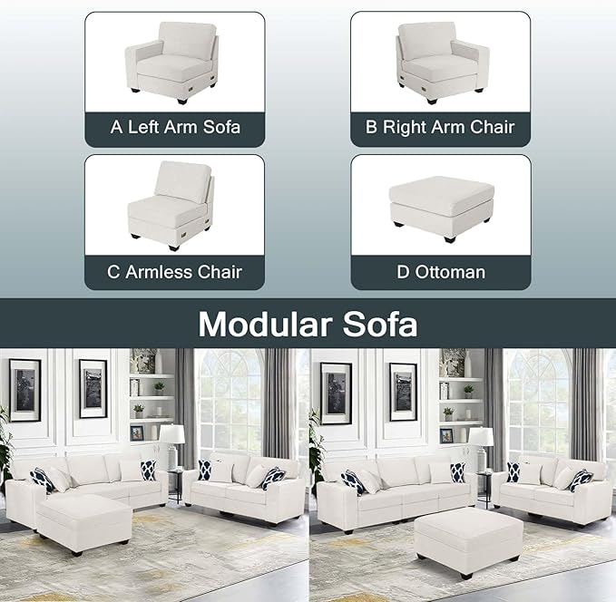 L Lengend Vansen Modular Sectional Sofa U Shaped Couch with Ottoman Modern Reversible Corner Sectional Couch for Living Room (Cream, 2+3 with Ottoman)-CasaMuseHome