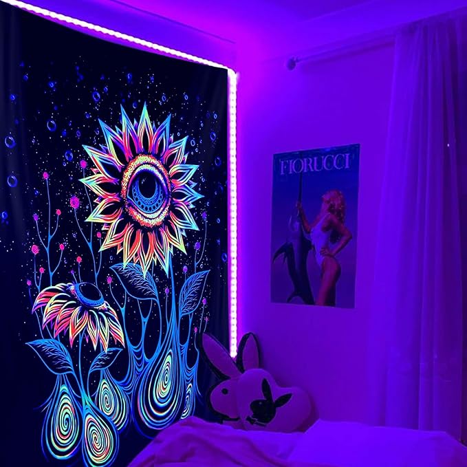 ADDWel Blacklight Sunflower Tapestry, Hippie Eye Tapestry Glow In The Dark, UV Reactive Black Light Upright Posters Wall Hanging for Bedroom Dorm Living Room Backdrop Decor-CasaMuseHome