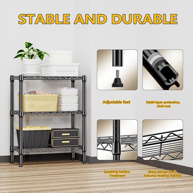 750 lbs 3 Tier Shelf Metal Storage Shelves Wire Rack Closet Organizers for Garage Kitchen Bathroom Laundry Black 11.8" D x 25.6" W x 31.5" H-CasaMuseHome