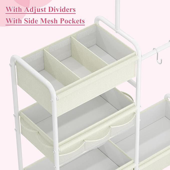 2in1 Baby Diaper Caddy & Clothes Organizer and Storage Rolling Cart, Large Capacity Nursery Organization For Baby Dresser,Changing Table, Crib, With 2 Dividers & 7 Pockets,White-CasaMuseHome
