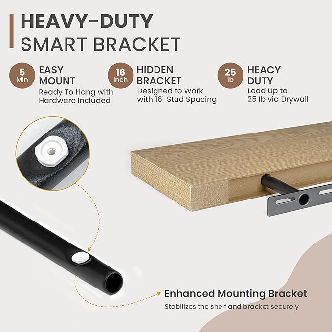 16 Inch Floating Shelves, 8 Inch Deep Floating Shelves for Wall, Hanging Shelf with Invisible Brackets, Deep Shelves for Bathroom, Bedroom, Living Room, Oak, Set of 2-CasaMuseHome