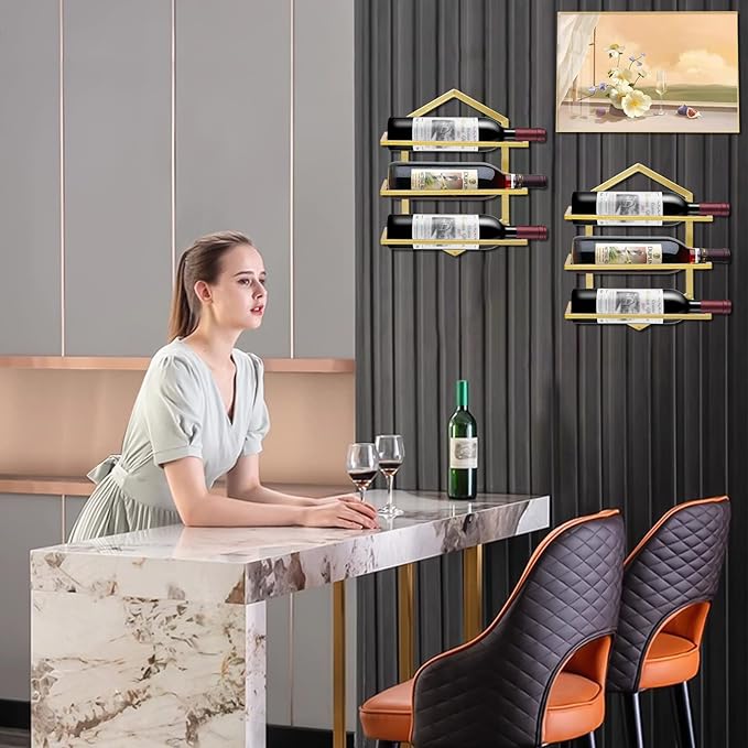 2Pcs Wall Mounted Wine Stemware Rack, Metal Hanging Wine Glass Display Holde Holds 3 Bottles, Elegant Storage for Kitchen Dining Room Bar Wine Cellar (Gold)-CasaMuseHome