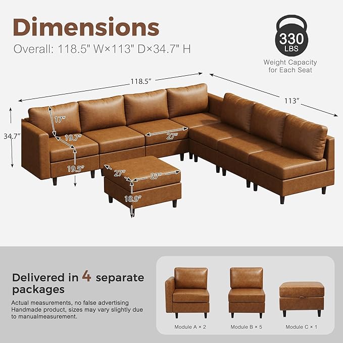 118.5" Faux Leather Modular Sectional Convertible Sofa, L Shaped Couch Set for Living Room, Large 8-Seater Comfy Cloud Couches with Movable Storage Ottoman DIY Combination - Brown-CasaMuseHome