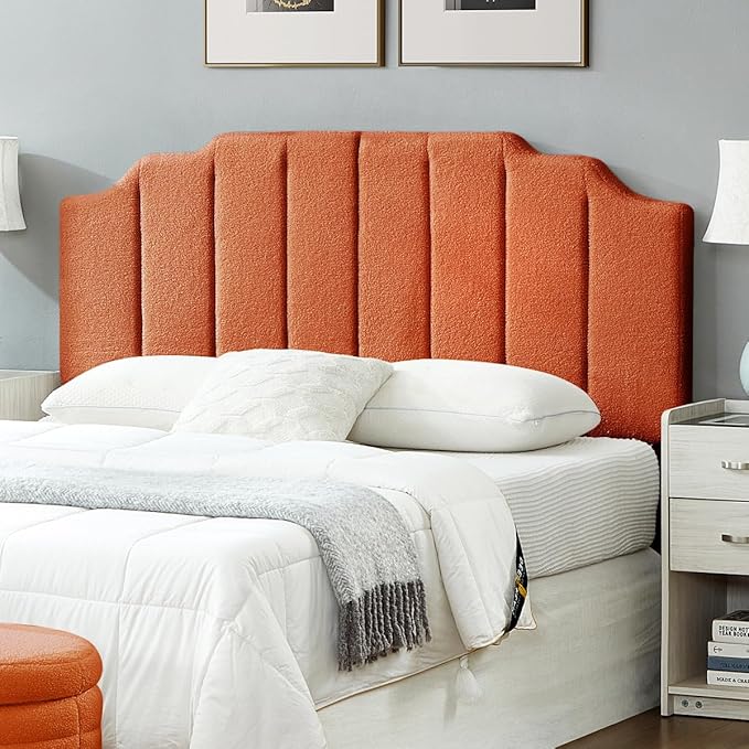 24KF Orange Teddy Fabric Tufted for Queen Upholstered Headboard, Modern Vertical Channel Design Full Headboard with Stepped Silhouette Top Edge,6026-Q-Teddy Orange-CasaMuseHome
