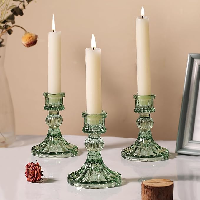 12PCS Green Candlestick Holders Set- 4" H Taper Candle Holders, Glass Candle Holders Bulk for Wedding, Party, Home Table Centerpieces, Festival Gifts & Windowsill Decor-CasaMuseHome