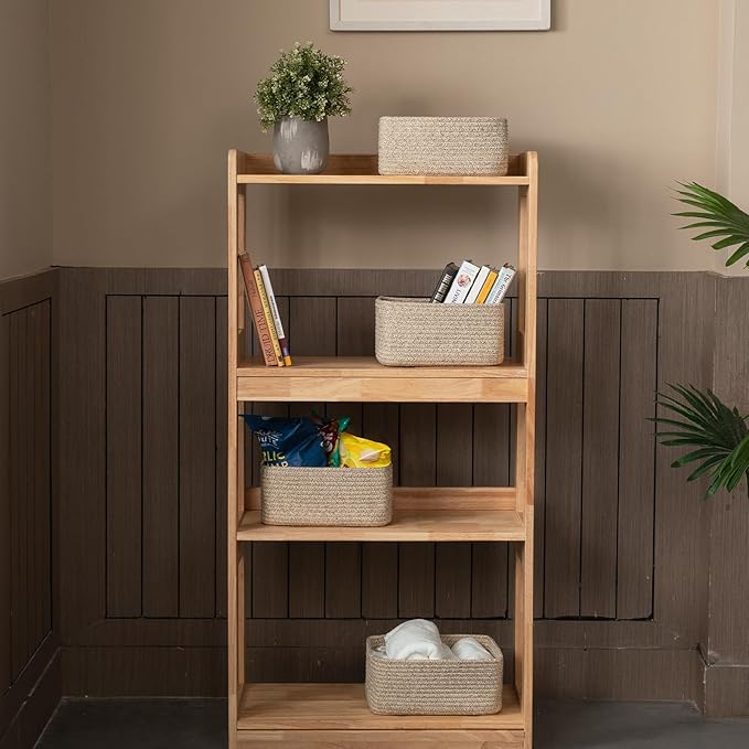 4 Pack Small Storage Shelf Baskets for Organizing, Mini Woven Rope Storage Bins for Towels, Cute Decorative Closet Organizer，Baby Nursery, Gift Empty Baskets -11.81''Lx7.87''Wx4.72''H'-Brown-CasaMuseHome