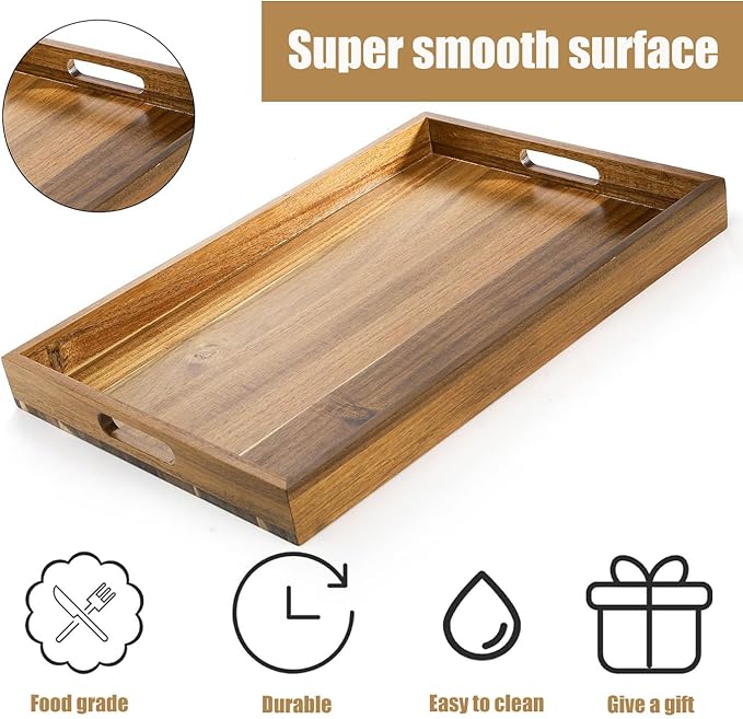 Acacia Wood Serving Tray with Handles - 17-Inch Large Wooden Tray for Ottoman - Perfect for Breakfast, Lunch, Dinner, Appetizers, Patio, Ottoman, Coffee Table,BBQ, Party – Great for Lap &Couch ﻿-CasaMuseHome