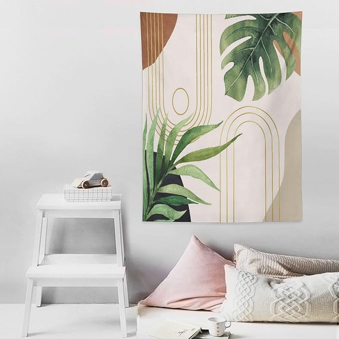 Abstract Boho Tapestry, Mid Century Tropical Tree Leaves Modern Geometric Arch Bohemian Botanical Tapestry, Home Aesthetic Wall Hanging Art Decor for Living Room Bedroom Dormitory 30x40 Inch-CasaMuseHome