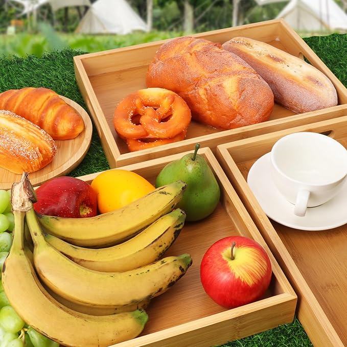 3 Pack Large Bamboo Serving Tray with Handles, 14 x 10 inch Wooden Dinner Tray, Home Kitchen Breakfast Trays for Living Room Bedroom Kitchen Dinner Table, Picnic-CasaMuseHome