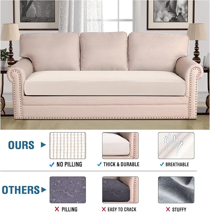 H.VERSAILTEX Super Stretch Individual Seat Cushion Covers Sofa Covers Couch Cushion Covers Slipcover Sets Thick Jacquard Textured Twill Fabric (1 Piece Sofa Cushion Cover, Ivory)-CasaMuseHome