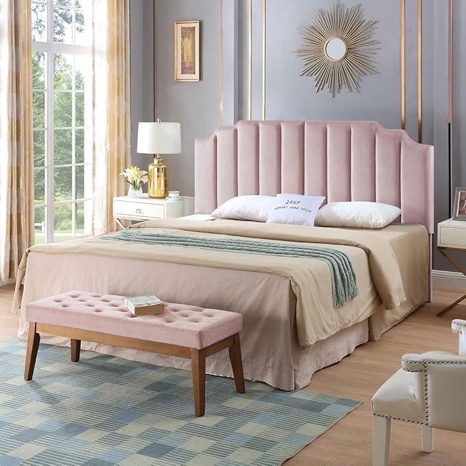 24KF Pink Velvet Tufted King Upholstered Headboard, Modern Vertical Channel Design California King Headboard with Stepped Silhouette Top Edge, Pink-CasaMuseHome