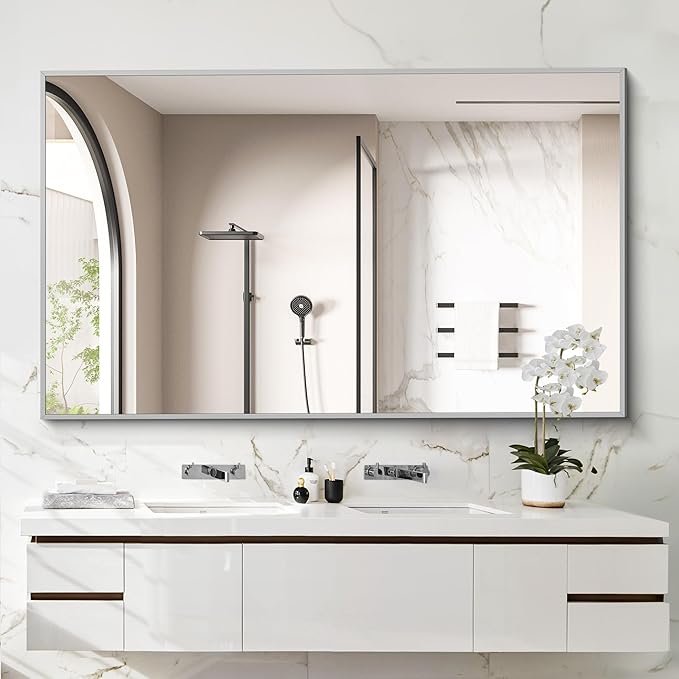 36x55 inch Bathroom Mirror, Silver Rectangle Mirror with Thin Metal Frame, Large Rectangular Wall Mirrors for Bathroom, Living Room, Big Mirror Hang Horizontal/Vertical-CasaMuseHome