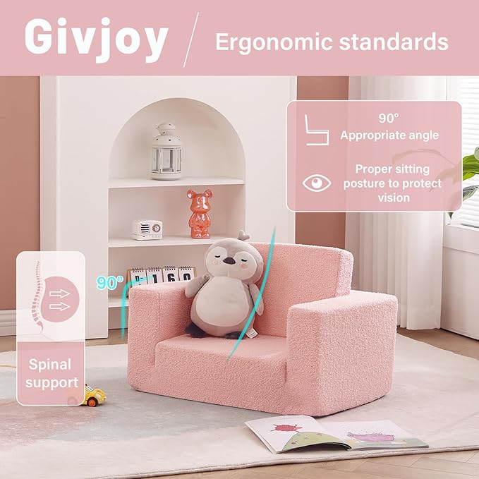 2-in-1 Toddler Chair Sherpa Couch - Soft Kids Lounger for Bedroom, Convertible Sofa for Girls and Boys, Reading Chair, Pink-CasaMuseHome